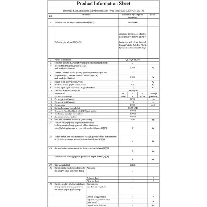 Samsung 75QN800D 75" 190 Ekran Dahili Uydu Alıcılı 8K Ultra HD Smart QLED TV